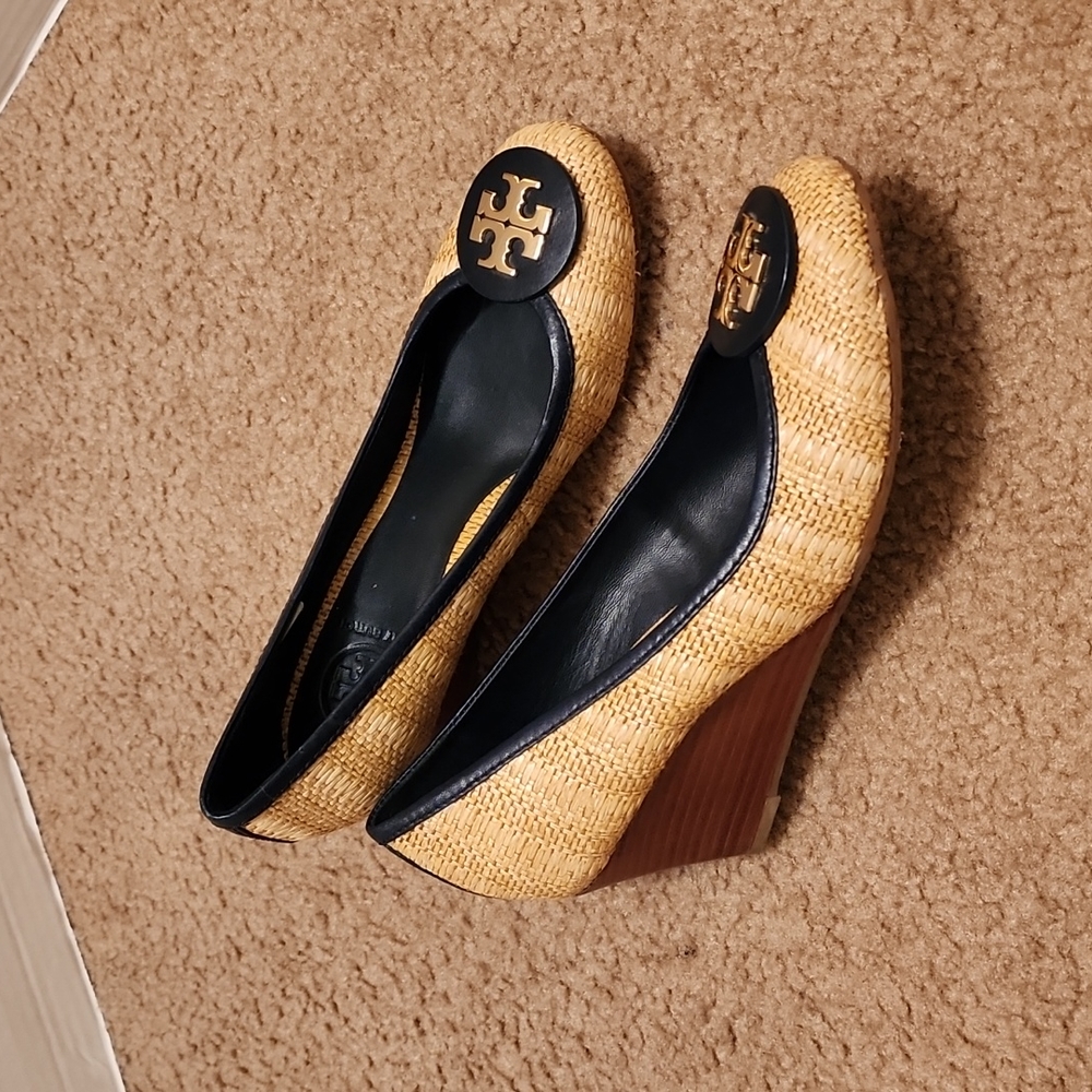 Tory Burch Blue and Tan Wedges with Cork Heel